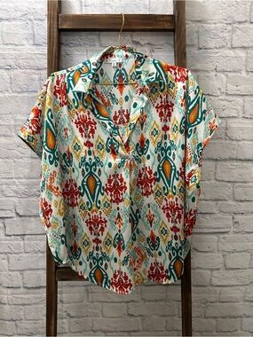 L Love Short-Sleeve Ikat-Print Shirt in Teal & Red